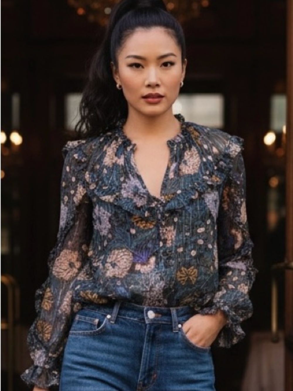Veronica Beard 98% Silk Metallic Floral Ruffle Blouse + Matching Cami | Size 8